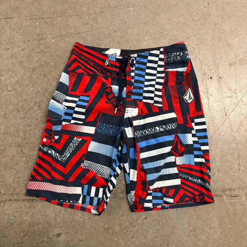 Volcom Boardies Mens 31 Board Shorts‎ Red Blue Geometric Abstract 2-Way Stretch
